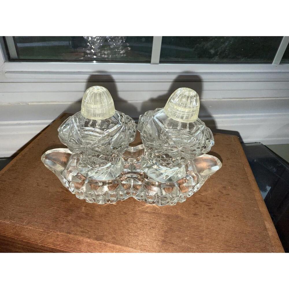Vintage Block Crystal Salt and Pepper Shakers/ Tray Czech Bohemia; shabby chic
